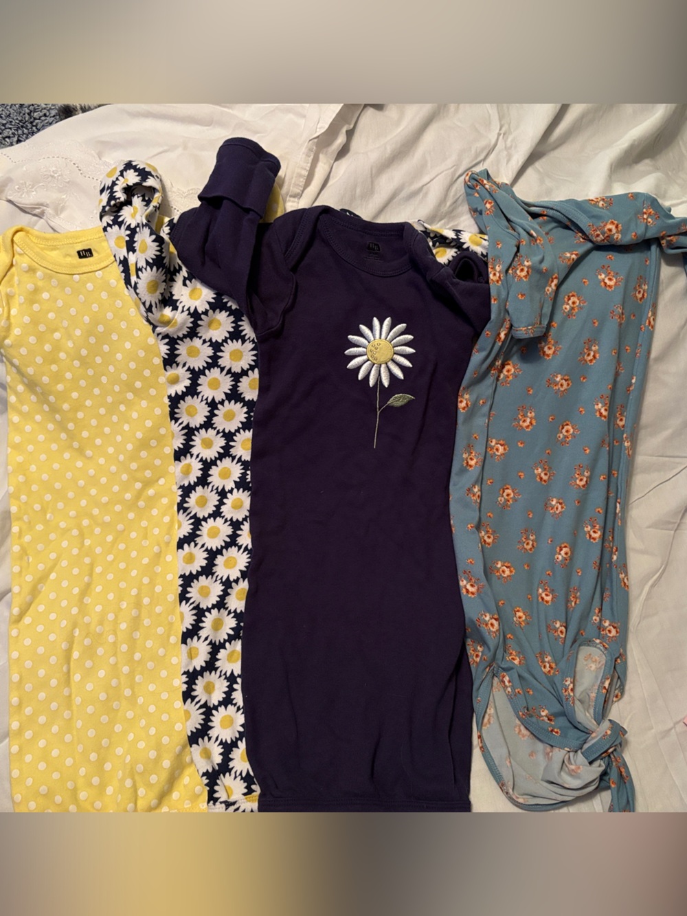 Baby gowns. 3 sunflower themed with elastic bottoms and one floral tie up